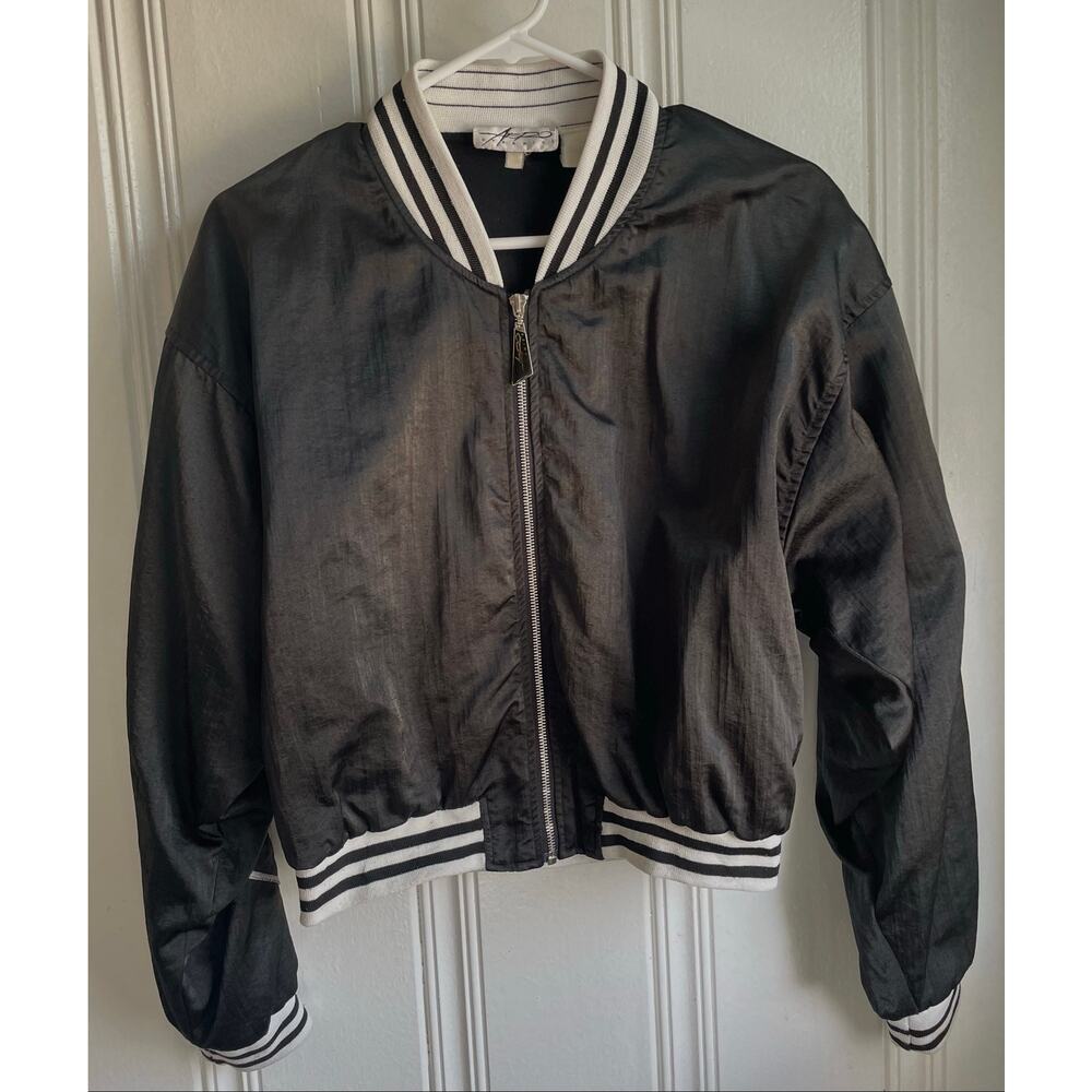 Vintage 90s/Y2K Satin Aero Dynamics Bomber Jacket Black & White Varsity Sz M